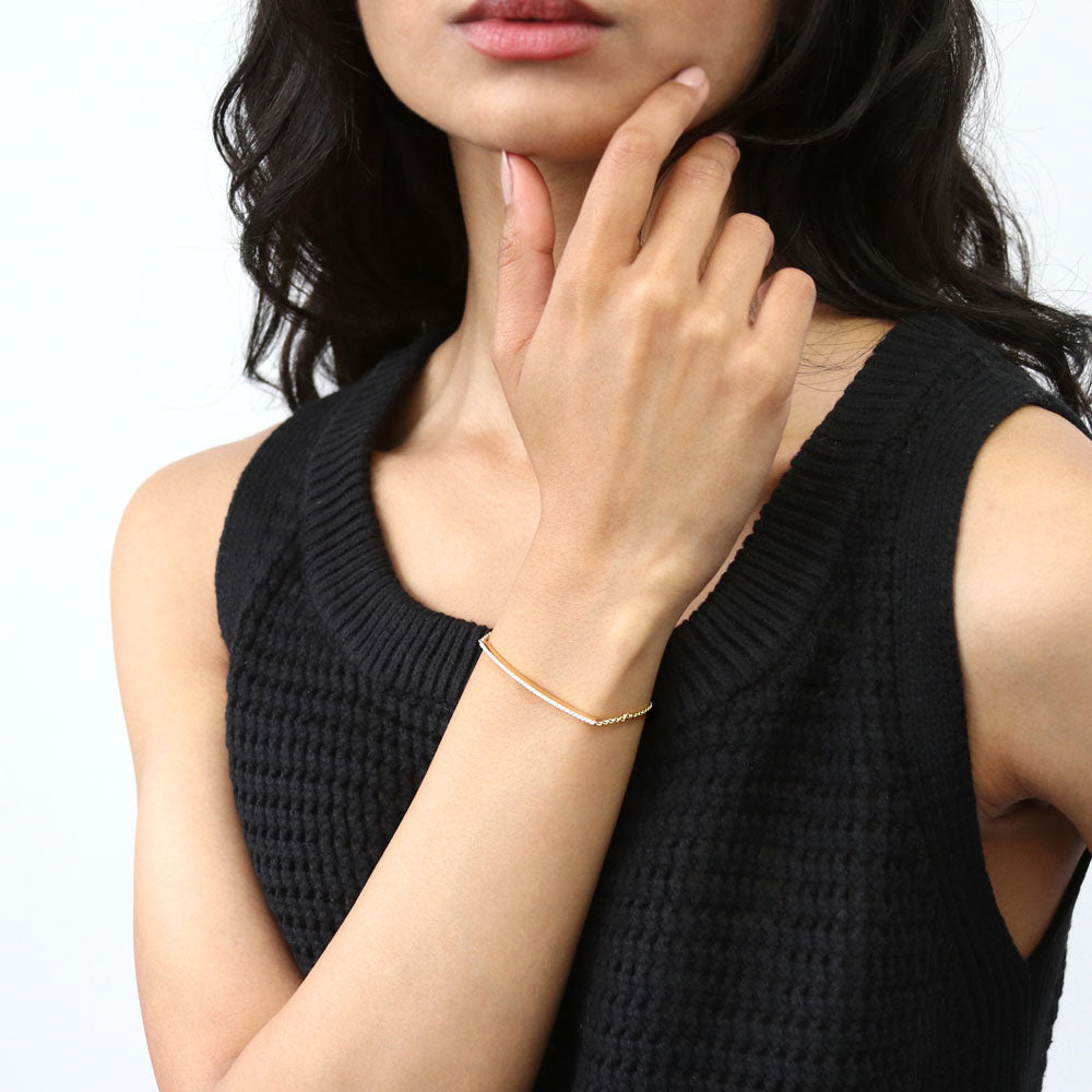 Model wearing Bar CZ Chain Bracelet in Gold Flashed Sterling Silver, 2 of 6