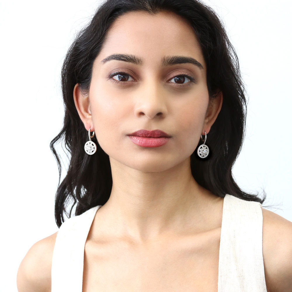 Flower Filigree CZ Leverback Earrings in Sterling Silver