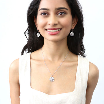 Flower Medallion CZ Necklace and Earrings Set in Sterling Silver