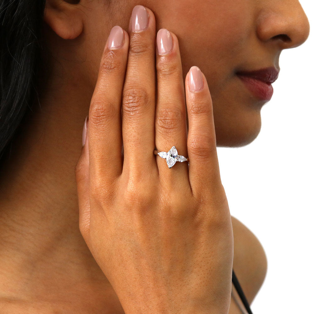 Model wearing 3-Stone 1ct Marquise CZ Ring in Sterling Silver, 2 of 9