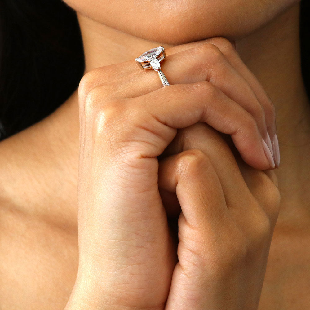 Model wearing 3-Stone Marquise CZ Ring in Sterling Silver, 7 of 9