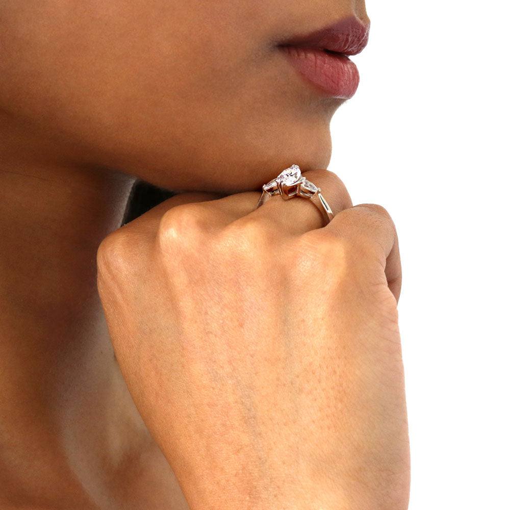 Model wearing 3-Stone Marquise CZ Ring in Sterling Silver, 6 of 9