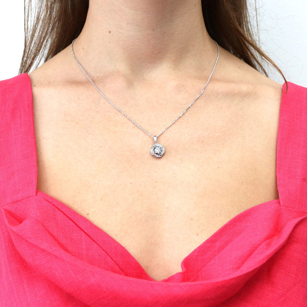 Model wearing Flower Woven Halo CZ Necklace in Sterling Silver, 2 of 9
