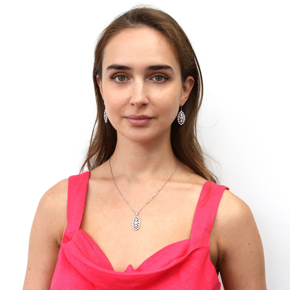 Model wearing Navette Art Deco CZ Fish Hook Earrings in Sterling Silver, 3 of 7