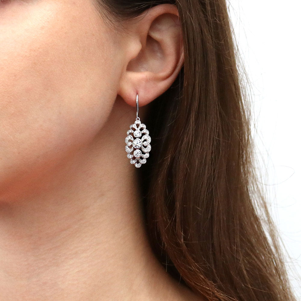 Model wearing Navette Art Deco CZ Fish Hook Earrings in Sterling Silver, 2 of 7