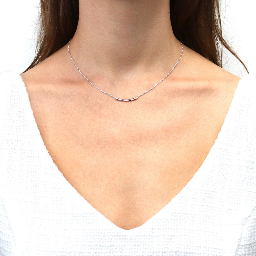 Model wearing Bar Solitaire Bezel Set CZ Pendant Necklace in Sterling Silver, 2 Piece, 2 of 13