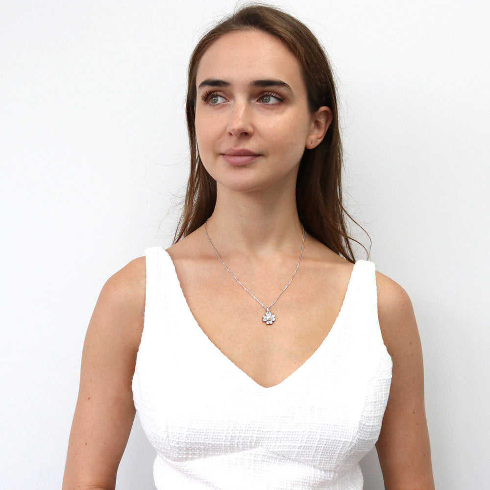 Model wearing Clover Imitation Pearl Pendant Necklace in Sterling Silver, 3 of 6