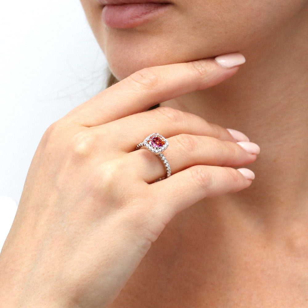 Model wearing Halo Kaleidoscope Red Orange Cushion CZ Ring in Sterling Silver, 7 of 9