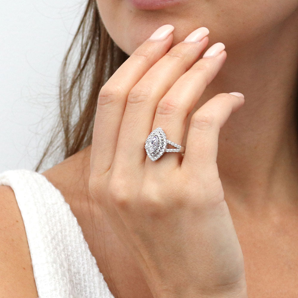 Model wearing Halo Marquise CZ Statement Split Shank Ring in Sterling Silver, 2 of 9