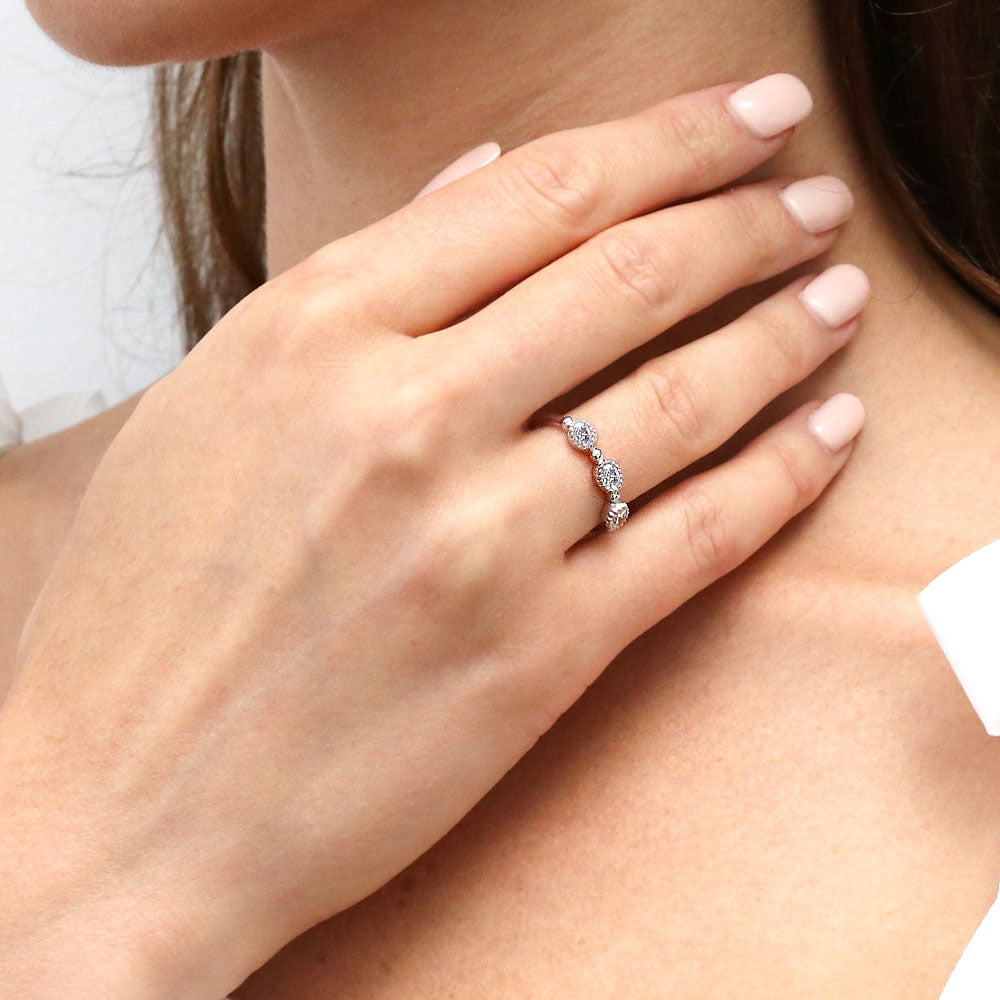 Model wearing Milgrain Bezel Set Oval CZ Half Eternity Ring in Sterling Silver, 3 of 10