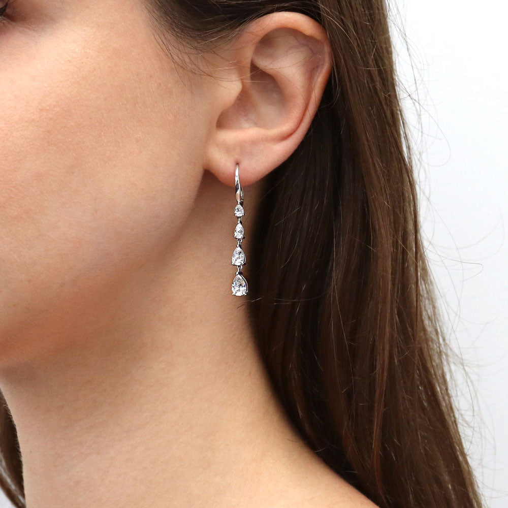 Graduated Teardrop CZ Leverback Chandelier Earrings in Sterling Silver