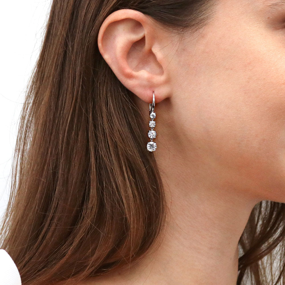 Model wearing Graduated CZ Leverback Chandelier Earrings in Sterling Silver, 2 of 6