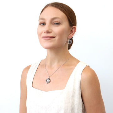 Black and White Flower CZ Necklace and Earrings Set in Sterling Silver
