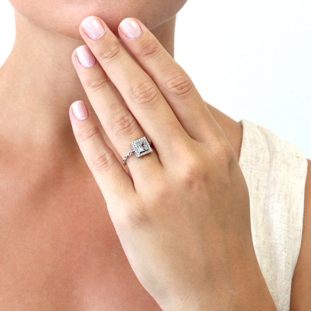 Model wearing Halo Princess CZ Chain Ring in Sterling Silver, 3 of 8
