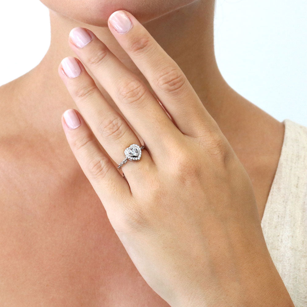 Model wearing Halo Heart CZ Chain Ring in Sterling Silver, 3 of 8