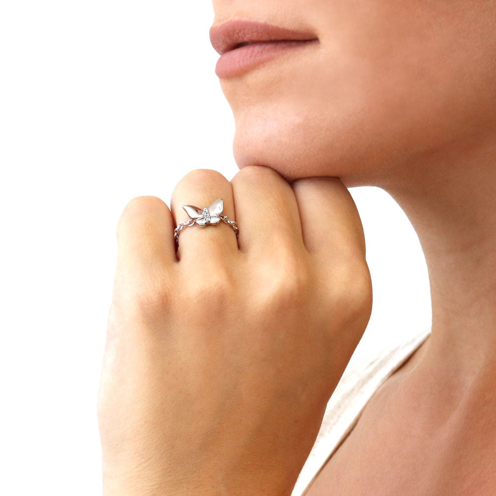 Butterfly CZ Chain Ring in Sterling Silver