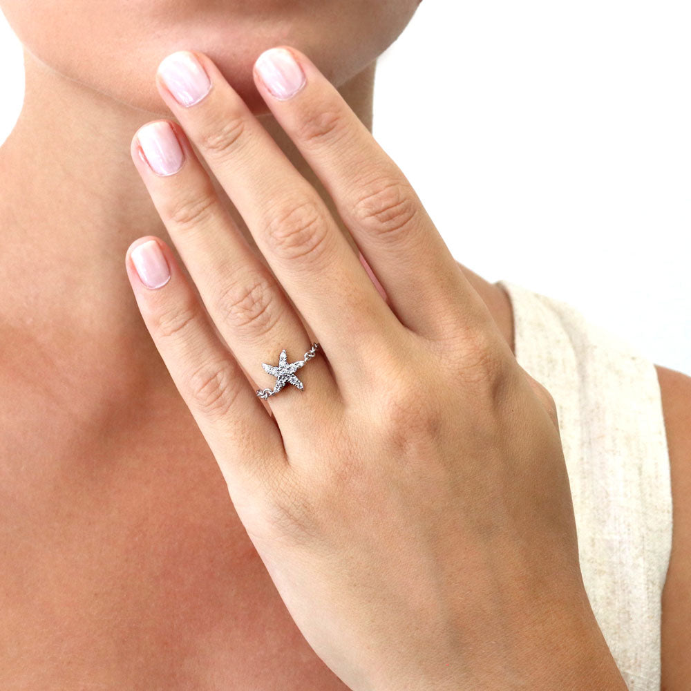 Model wearing Starfish CZ Chain Ring in Sterling Silver, 3 of 8