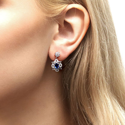 Flower Halo Sapphire-Blue CZ Earrings in Sterling Silver