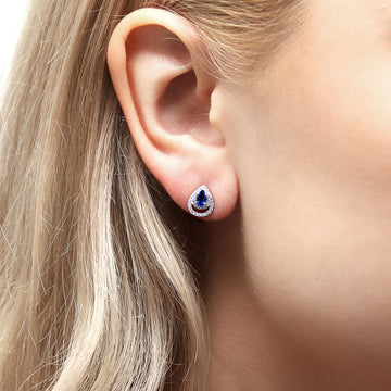 Teardrop Simulated Blue Sapphire CZ Stud Earrings in Sterling Silver