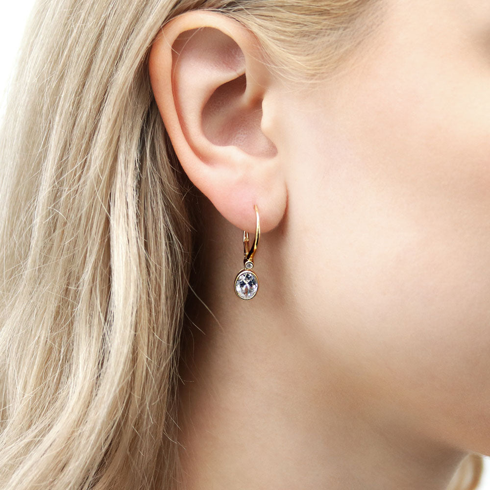 Model wearing CZ Leverback Dangle Earrings in Sterling Silver, 2 of 9