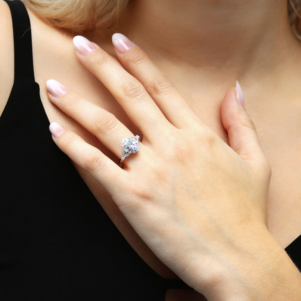 Model wearing Halo Art Deco Chevron V Shaped CZ Ring Set in Sterling Silver, 12 of 20