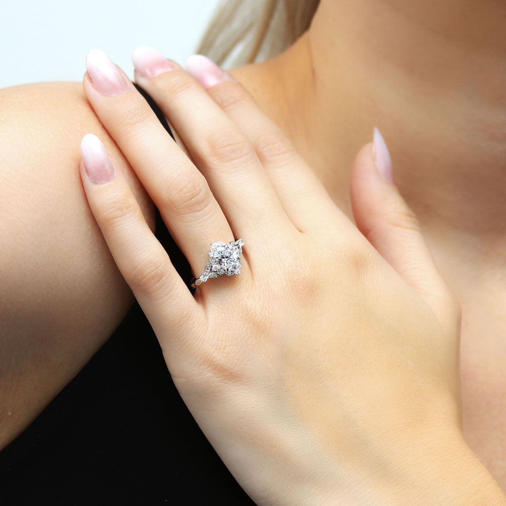 Model wearing Chevron Halo CZ Ring Set in Sterling Silver, 5 of 15