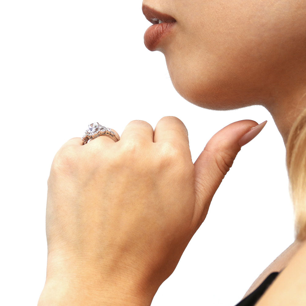 Model wearing Chevron Halo CZ Ring Set in Sterling Silver, 9 of 15
