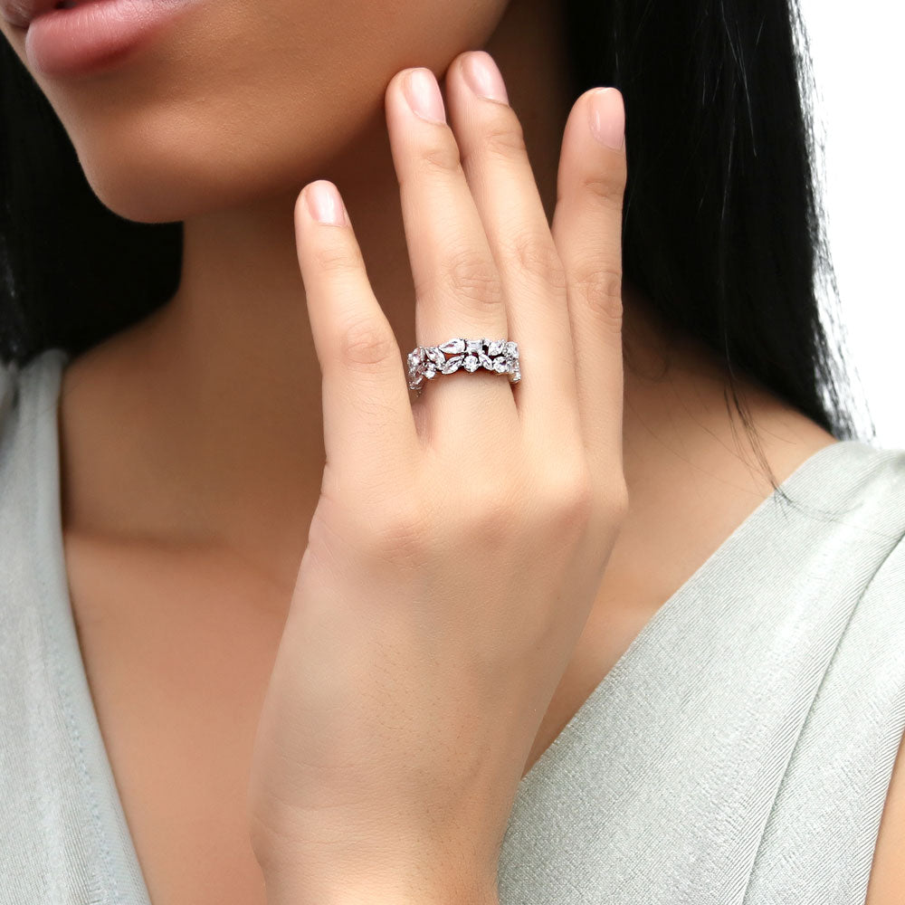 Model wearing Cluster Pear CZ Statement Eternity Ring in Sterling Silver, 5 of 8