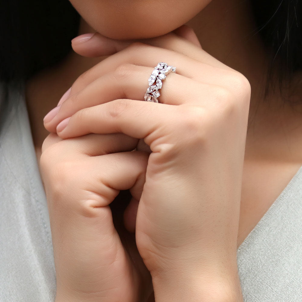Model wearing Cluster Pear CZ Statement Eternity Ring in Sterling Silver, 7 of 8