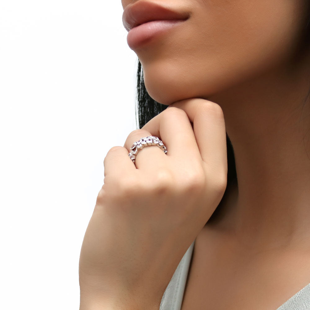 Model wearing Cluster Pear CZ Statement Eternity Ring in Sterling Silver, 6 of 8