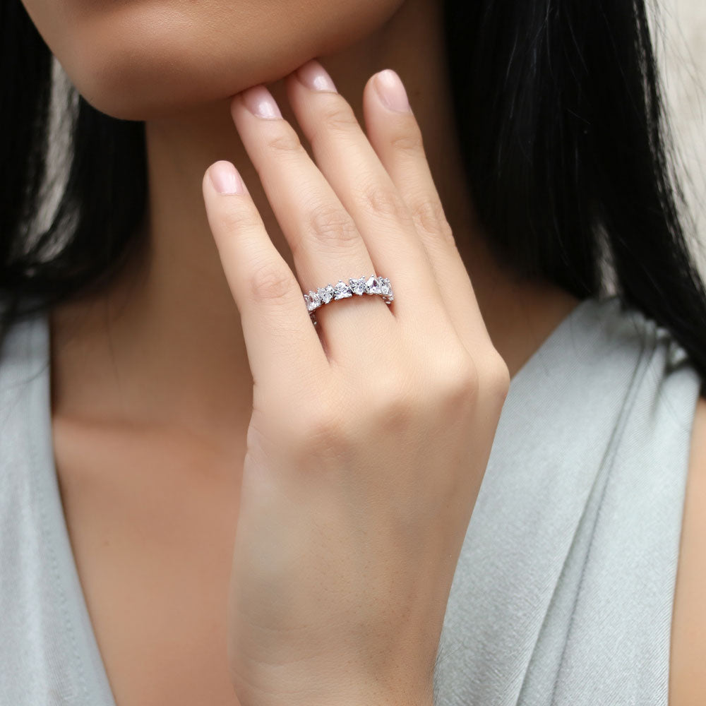 Model wearing Heart Heart CZ Eternity Ring in Sterling Silver, 2 of 9