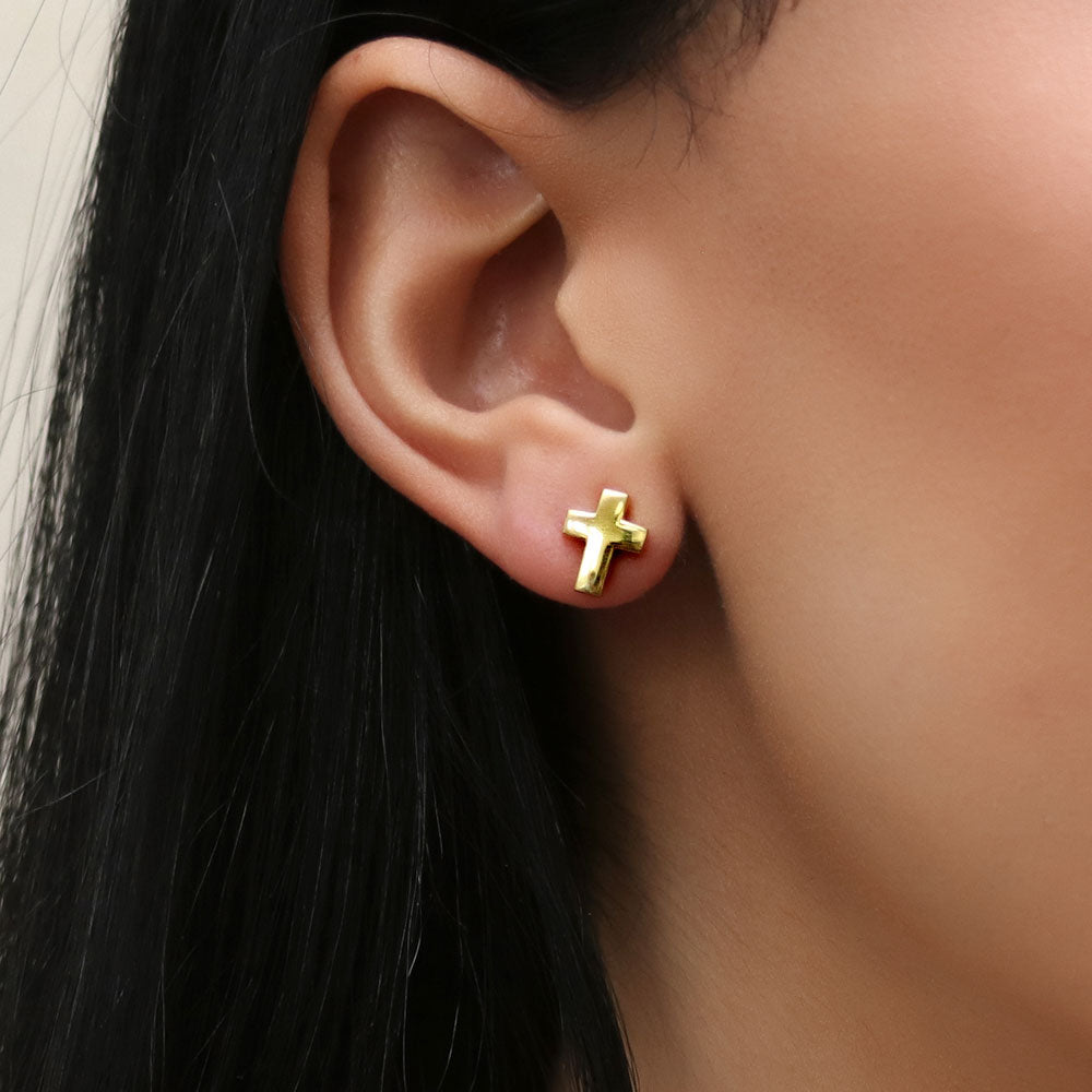 Model wearing Cross Stud Earrings in Sterling Silver, 6 of 10