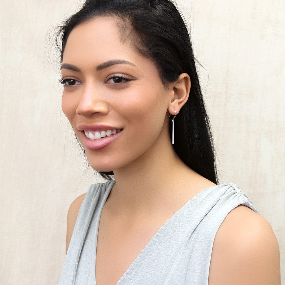 Model wearing Bar Fish Hook Earrings in Sterling Silver, 3 of 6