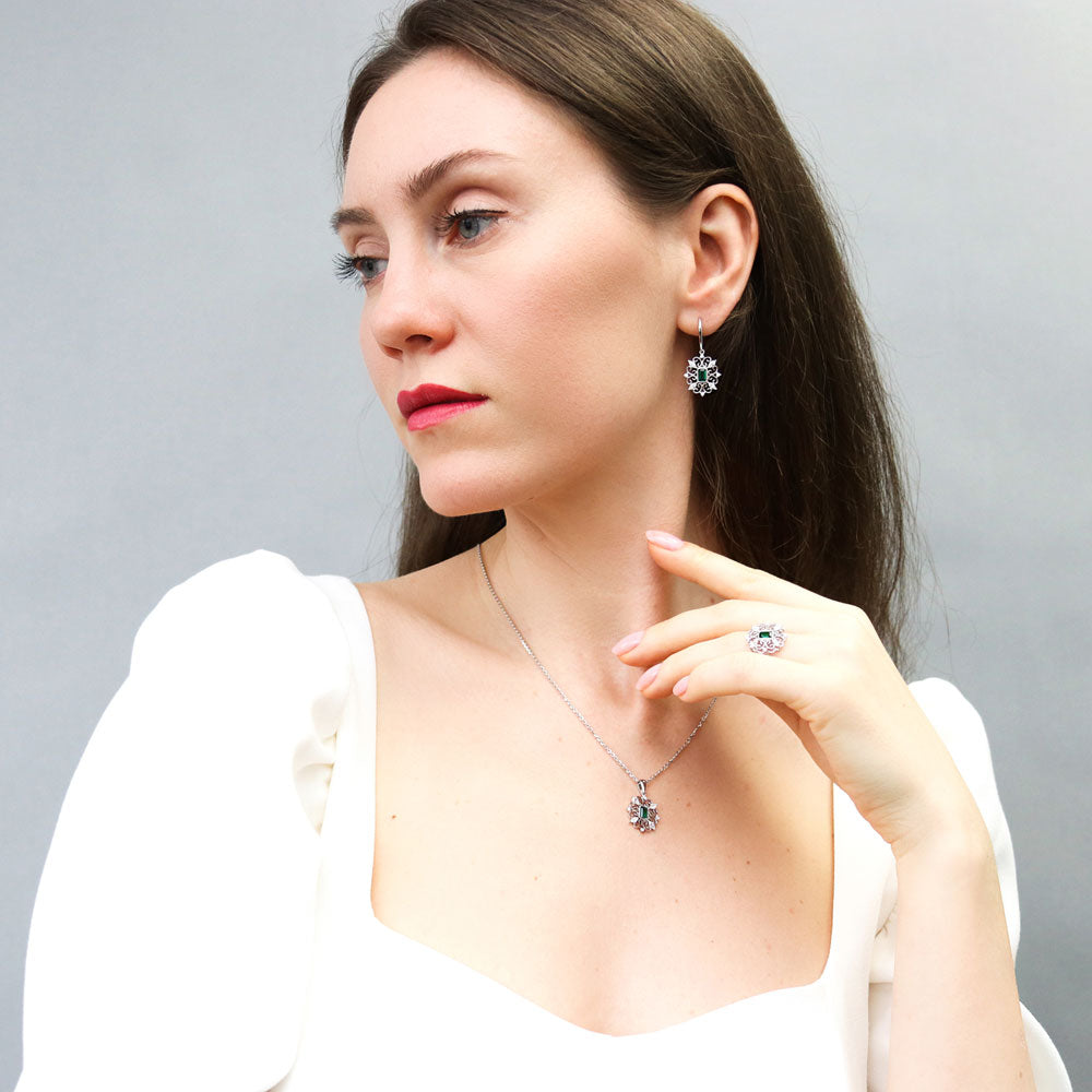 Model wearing Art Deco Filigree Green CZ Fish Hook Earrings in Sterling Silver, 7 of 8