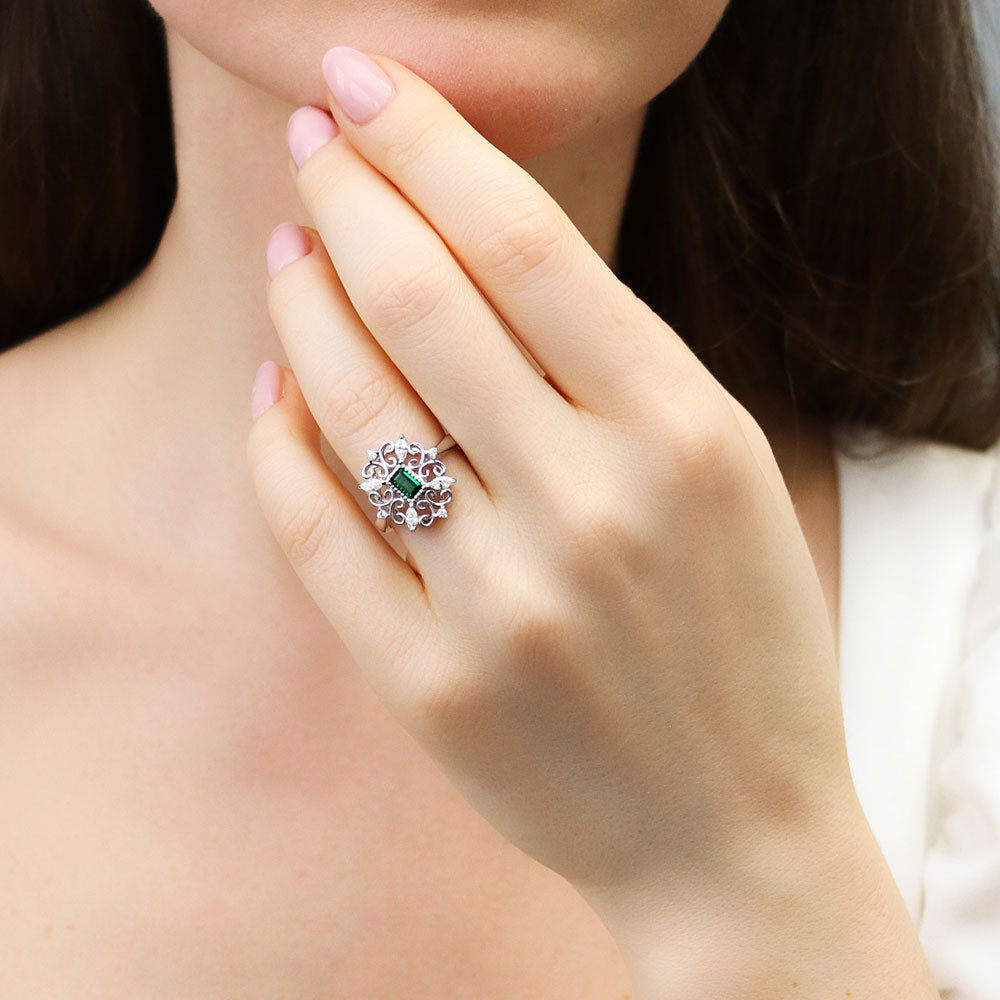 Model wearing Art Deco Filigree CZ Ring in Sterling Silver, 9 of 11