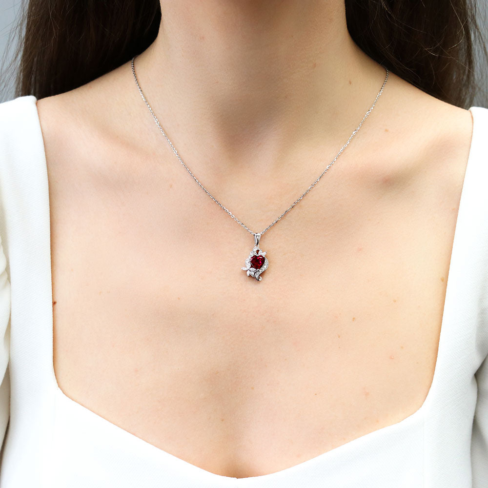 Model wearing Flower Heart Simulated Ruby CZ Set in Sterling Silver, 10 of 13
