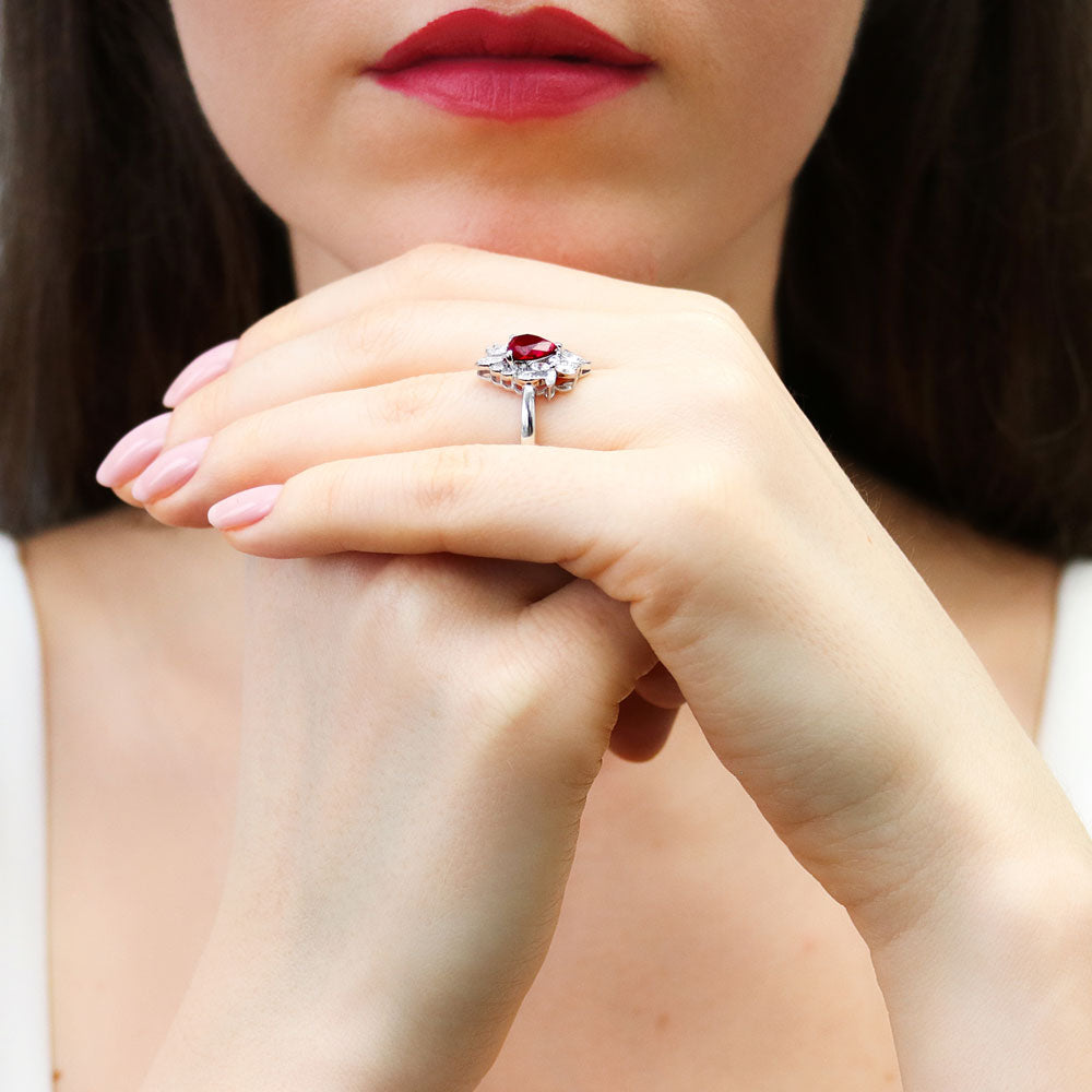 Heart Flower Ruby-Red CZ Ring in Sterling Silver