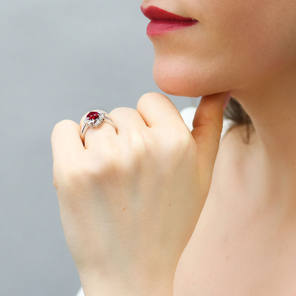 Model wearing Heart Flower Simulated Ruby CZ Ring in Sterling Silver, 6 of 10