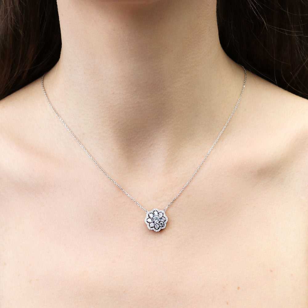 Model wearing Flower Halo CZ Necklace in Sterling Silver, 2 of 10