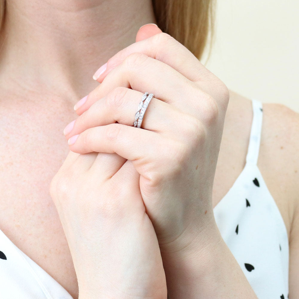 Model wearing Woven Pave CZ Eternity Ring Set in Sterling Silver, 2 of 10