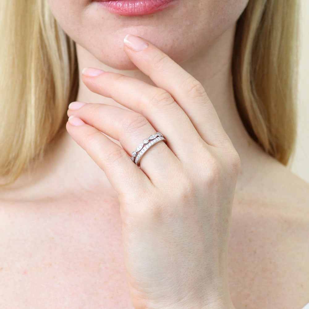 Model wearing Bubble Bezel CZ Eternity Ring Set in Sterling Silver, 2 of 7