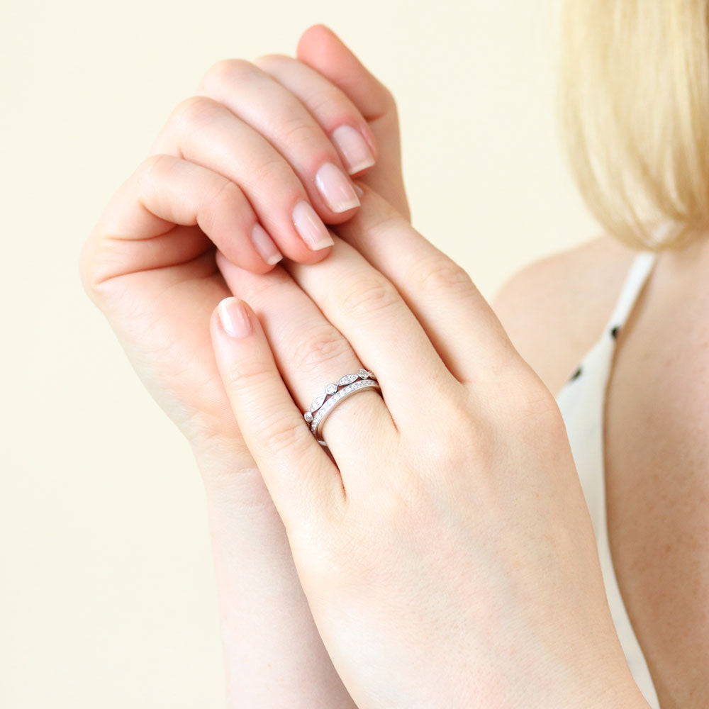 Model wearing Bubble Bezel CZ Eternity Ring Set in Sterling Silver, 3 of 7