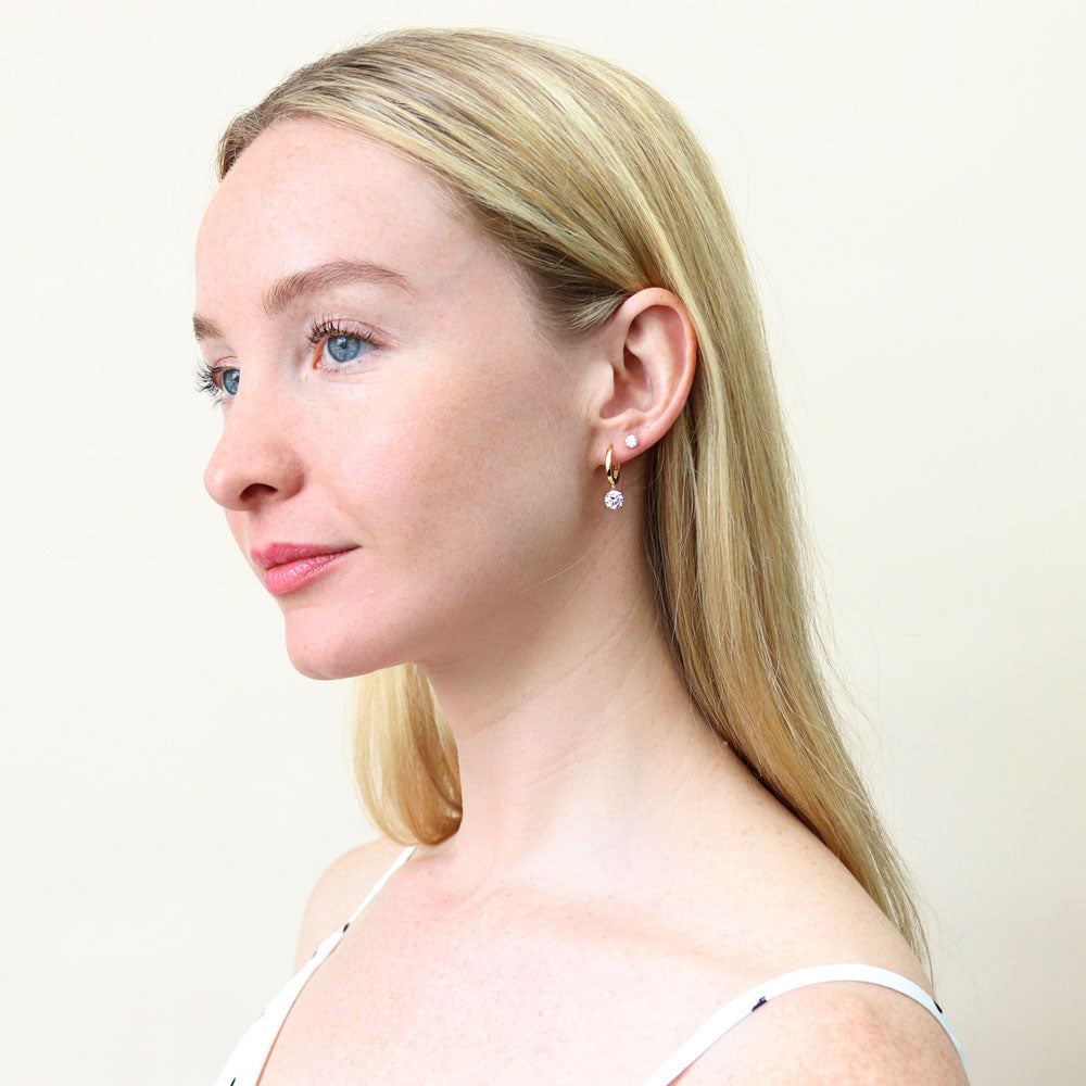 Model wearing Solitaire Oval Cultured Pearl 2 Pairs Earrings Set in Sterling Silver, 16 of 18