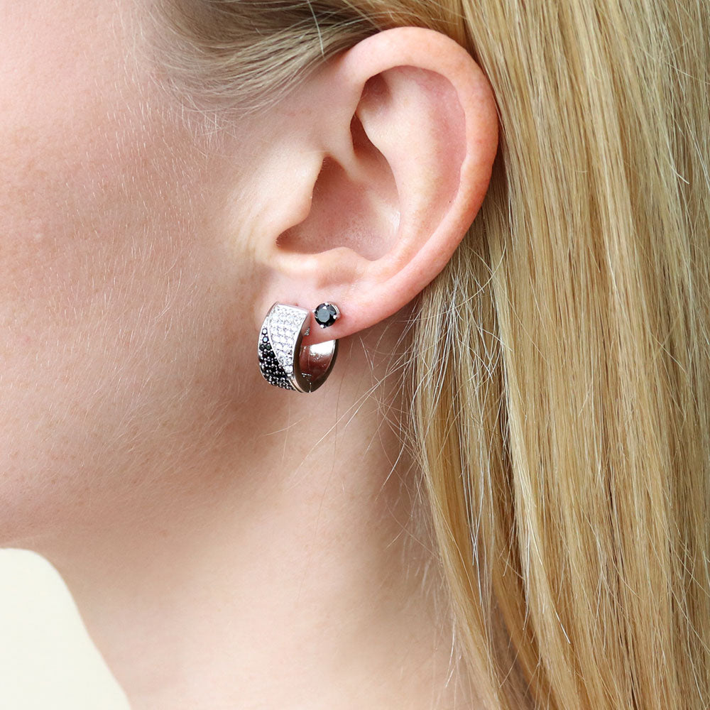 Black and White CZ Small Huggie Earrings in Sterling Silver 0.58"