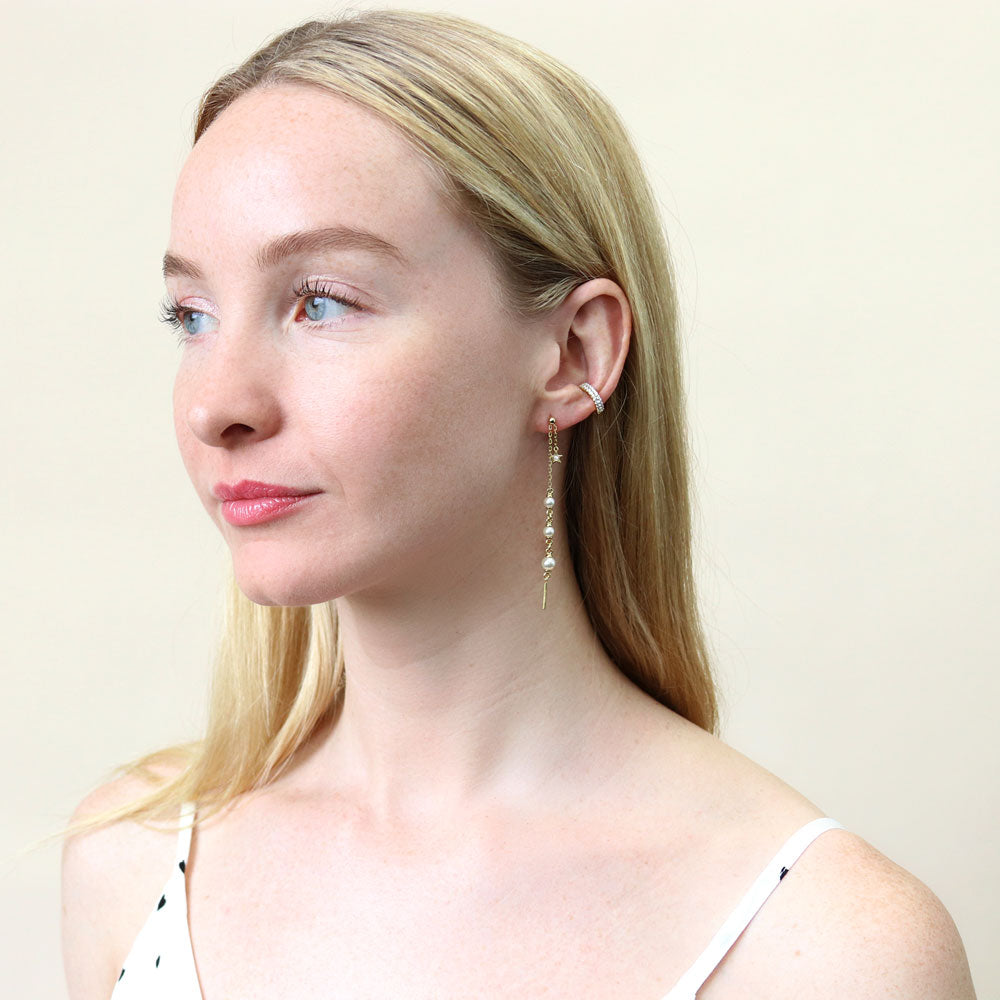 Model wearing Bar Star Imitation Pearl Dangle Earring in Gold Flashed Sterling Silver, 6 of 7