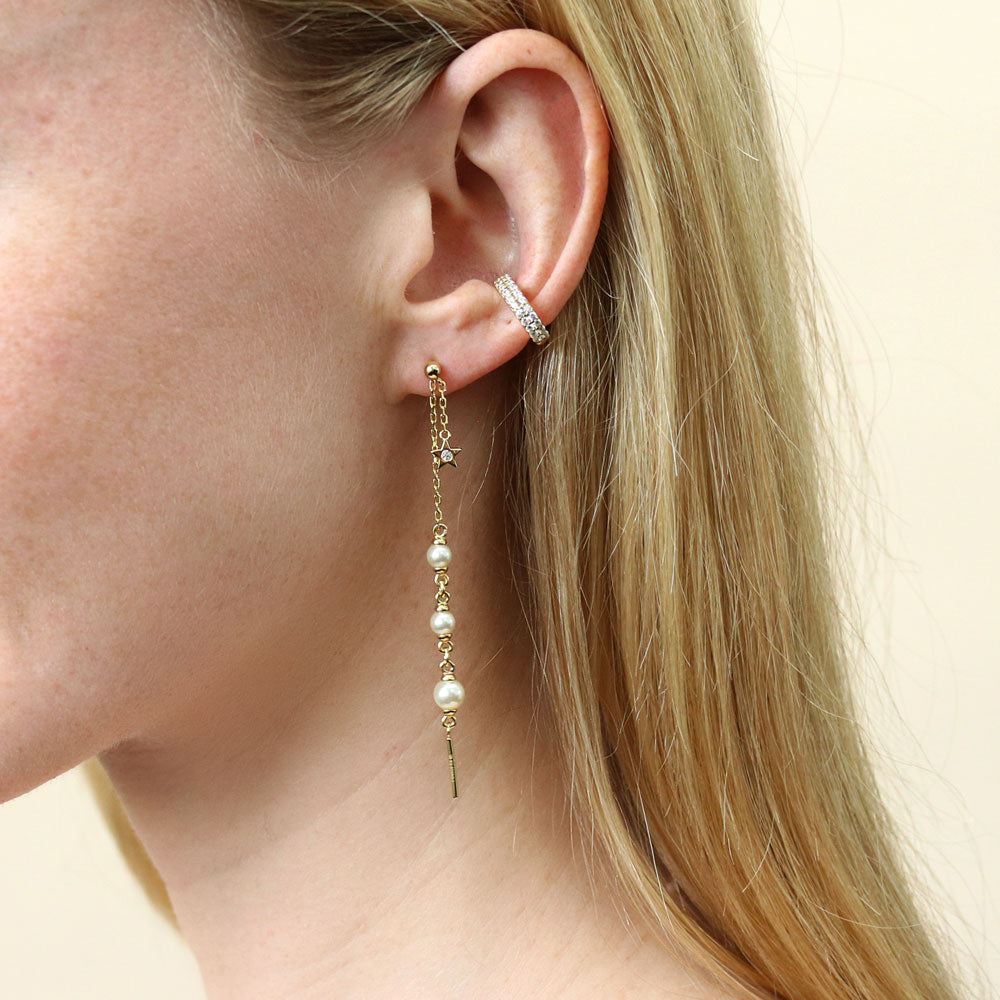 Model wearing Bar Star Imitation Pearl Dangle Earring in Gold Flashed Sterling Silver, 5 of 7