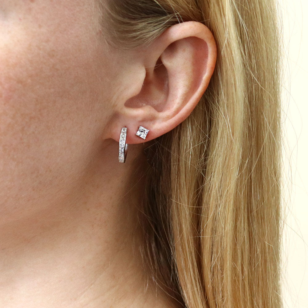Model wearing Bar Solitaire CZ 2 Pairs Hoop and Stud Earrings Set in Sterling Silver, 5 of 11
