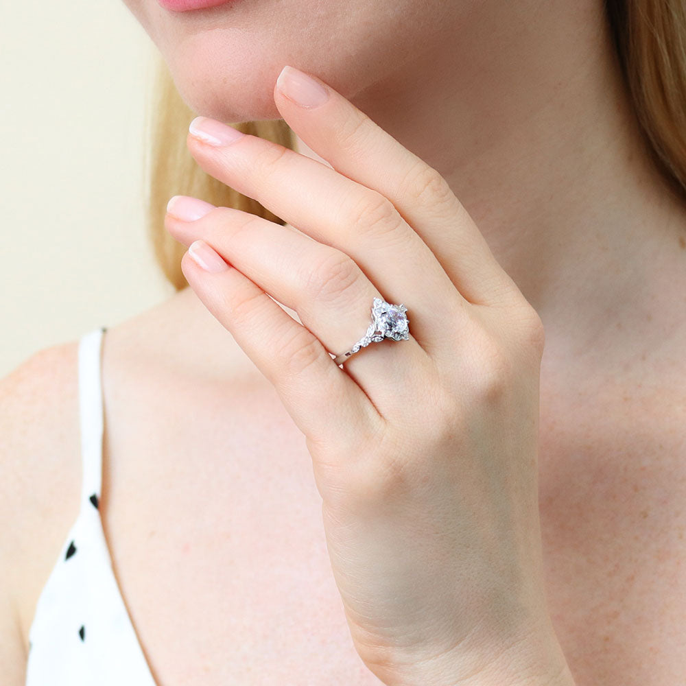 Model wearing Chevron Halo CZ Ring Set in Sterling Silver, 9 of 16