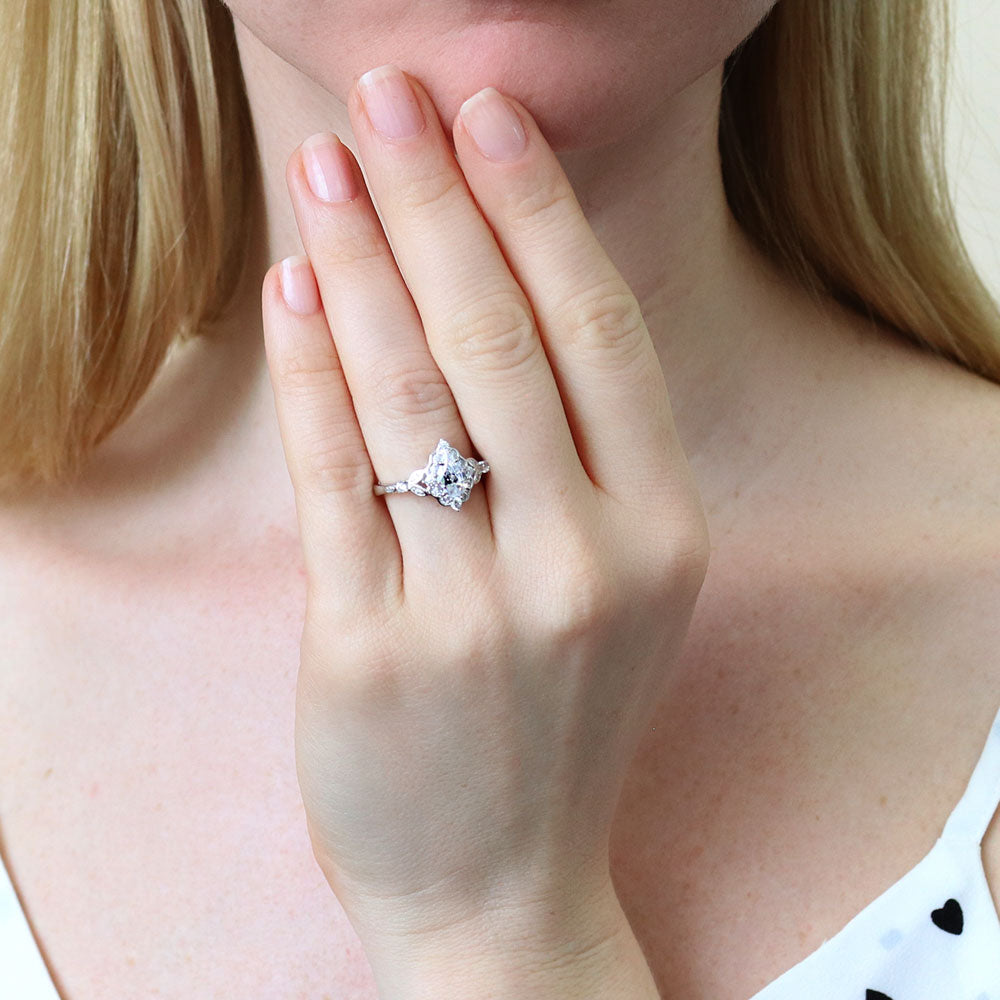 Model wearing Chevron Halo CZ Ring Set in Sterling Silver, 12 of 16