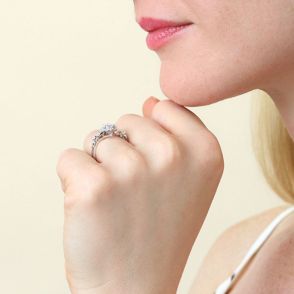 Model wearing Halo Art Deco Pear CZ Ring in Sterling Silver, 3 of 10